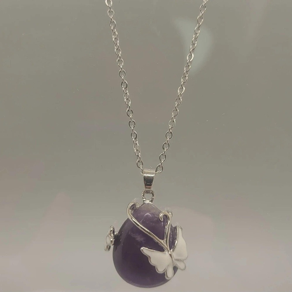 Butterfly Pendant Necklace with Amethyst Teardrop
